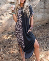 Leopardfärgsblock Klänning med rund hals